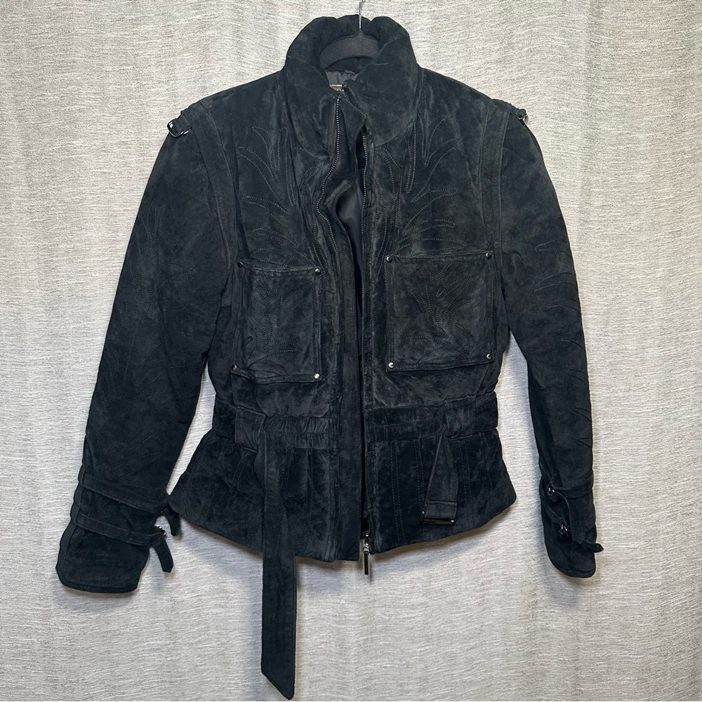 Brandon Thomas Black Suede Belted Fill-Down Leather Jacket